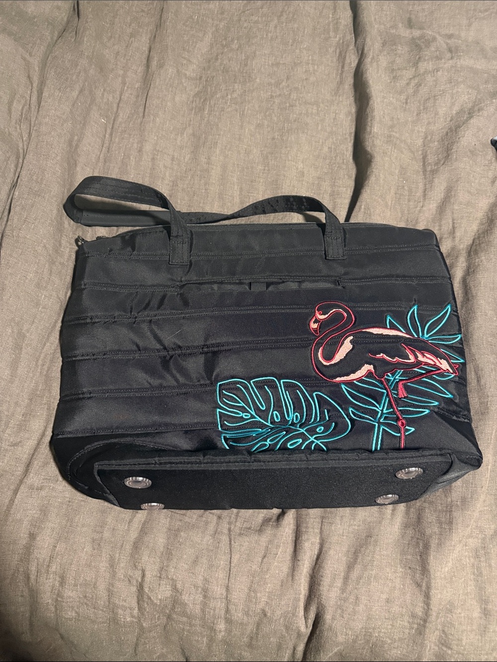 Lug Black Tote Bag with Flamingo Embroidery